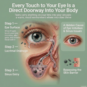 Anatomical diagram of the eyes and sinuses showing how touching your eye introduces germs, a problem solved by the Optodex contact lens applicator.