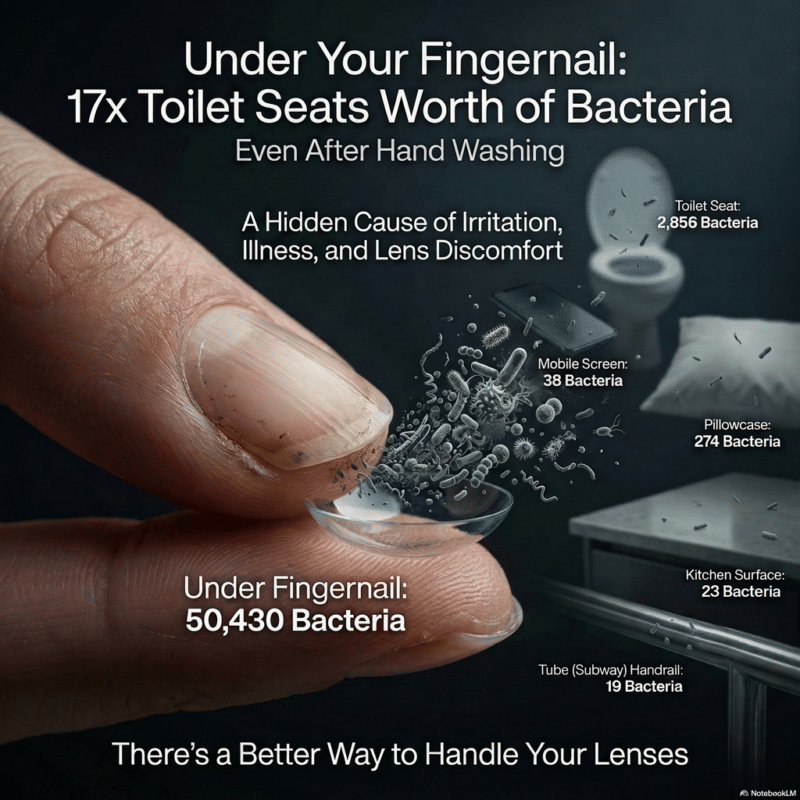 Infographic explaining that fingernails hold 17x more bacteria than a toilet seat, highlighting the hygiene benefits of a soft contact lens applicator.