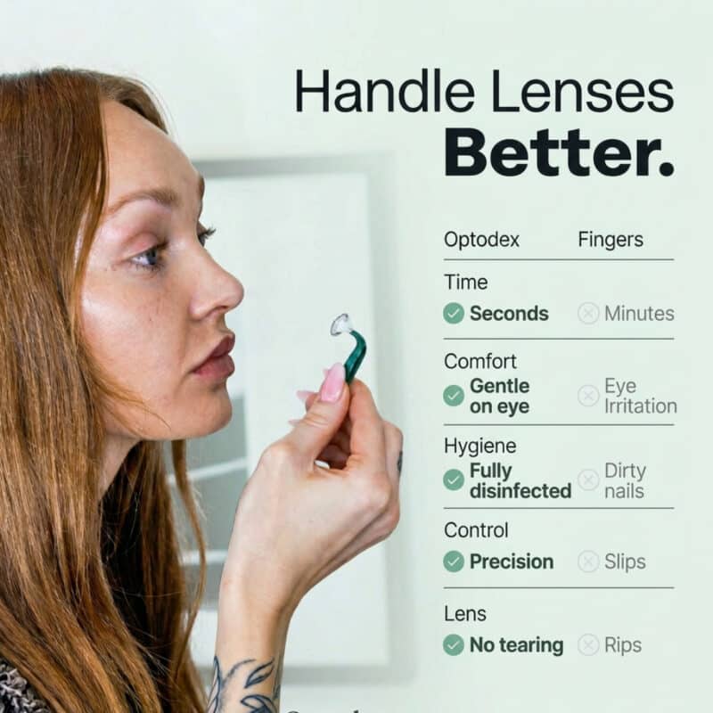 A woman easily inserting a lens with the Optodex contact lens applicator, alongside a chart comparing its benefits to handling lenses with fingers.