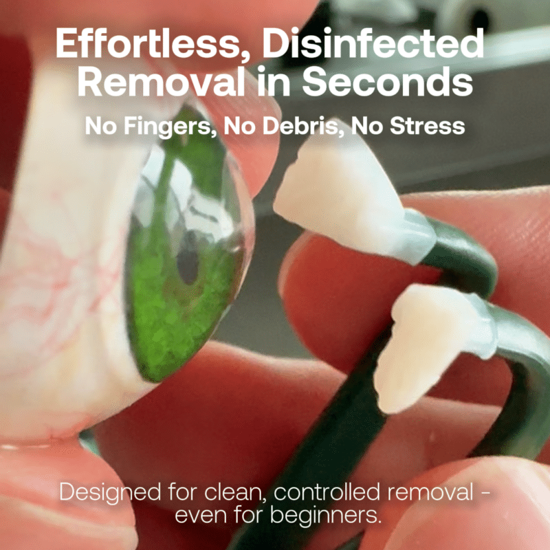 Animated demonstration of a man safely removing his contacts using the finger free Optodex Y-Tip tool.