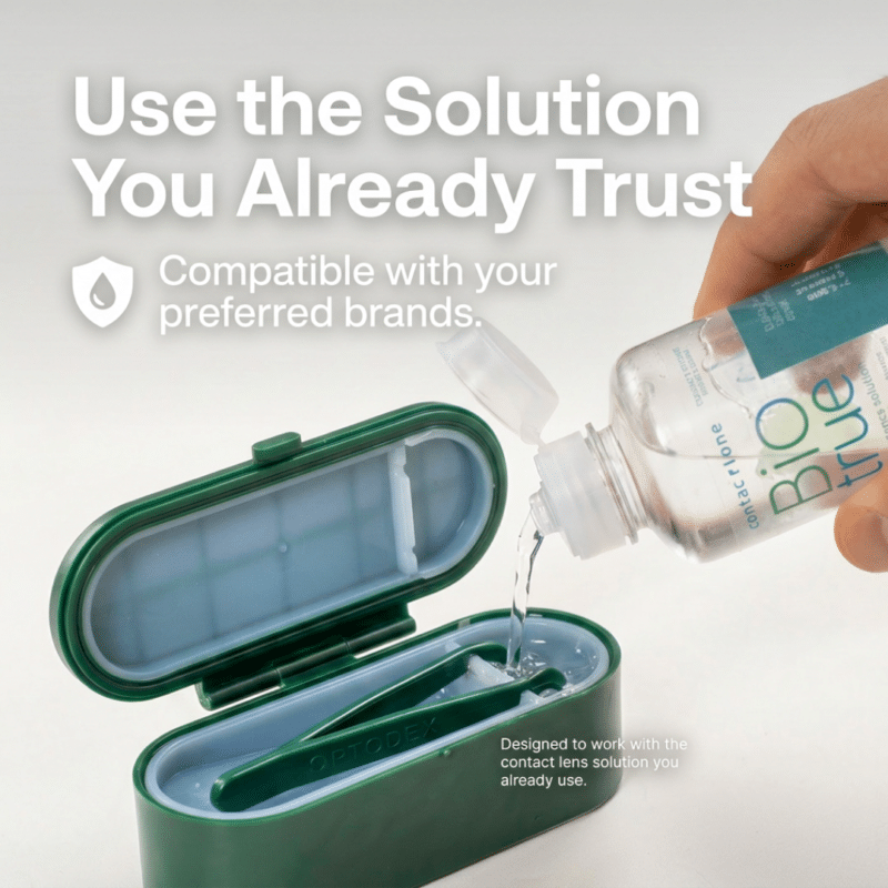 Contact lens solution being poured into the travel case basin to sanitize the tips of the Optodex contact lens applicator.