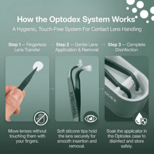A three-step guide showing the Optodex system: using transfer tweezers, the Y-Tip contact lens applicator, and the disinfecting storage case.