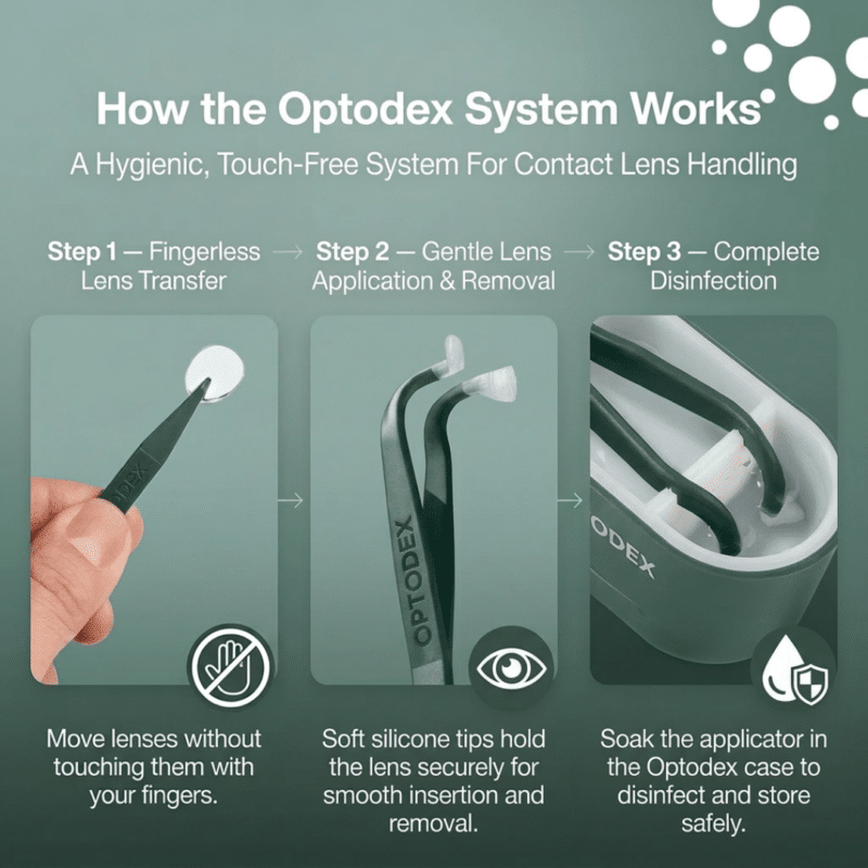 A three-step guide showing the Optodex system: using transfer tweezers, the Y-Tip contact lens applicator, and the disinfecting storage case.