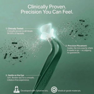 The Optodex soft contact lens applicator holding a lens, featuring text highlighting its clinically proven precision and feel.