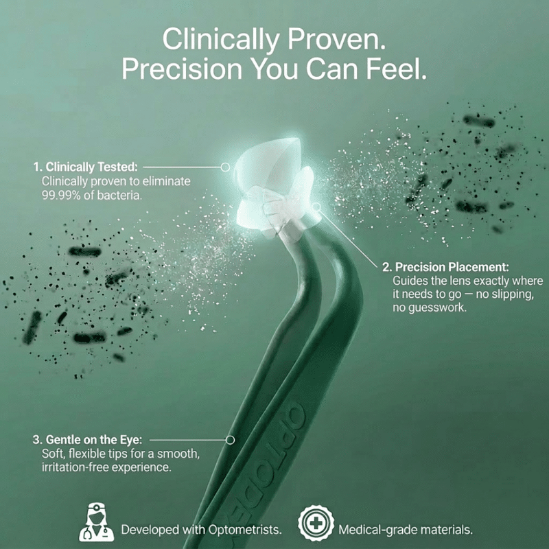 The Optodex soft contact lens applicator holding a lens, featuring text highlighting its clinically proven precision and feel.