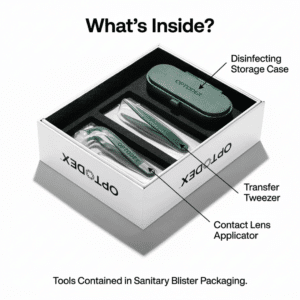 Unboxing the Optodex Essentials Kit, revealing the Y-Tip soft contact lens applicator, green transfer tweezers, and disinfecting storage case.