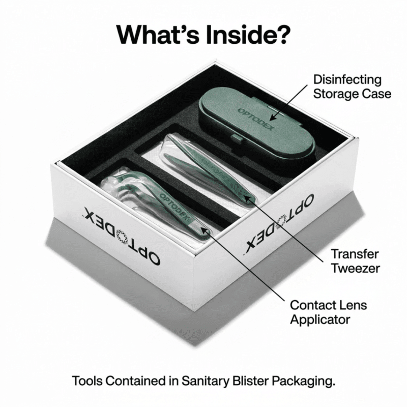 Unboxing the Optodex Essentials Kit, revealing the Y-Tip soft contact lens applicator, green transfer tweezers, and disinfecting storage case.